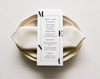 Minimalistisch bruiloft menu sjabloon, modern script bruiloft diner menu, afdrukbaar, menu digitaal downloaden, receptie diner menu bewerkbaar, diy