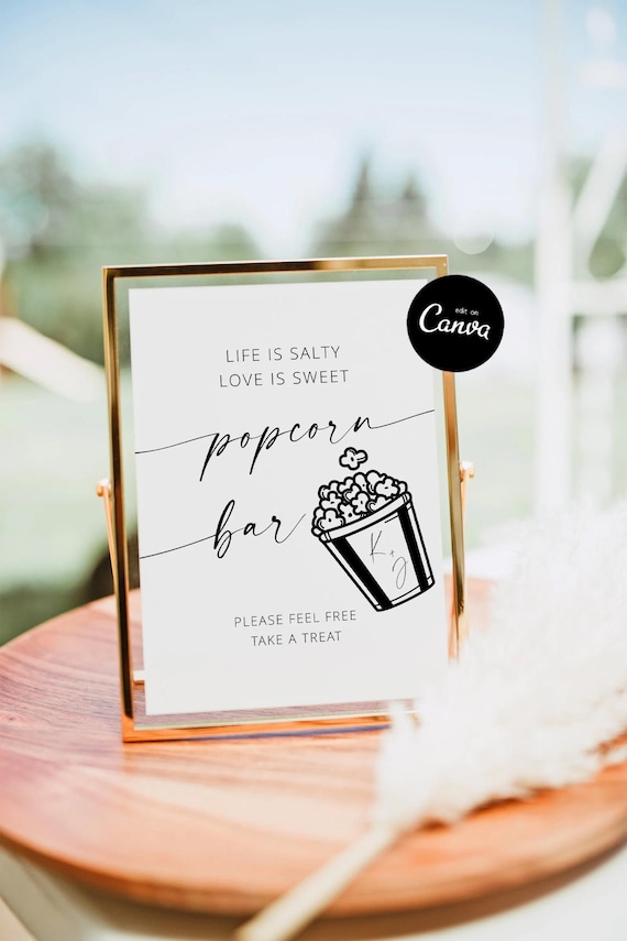 Wedding Popcorn Bar Sign Template, Let's Get This Party Poppin' Sign, Modern Wedding Popcorn, Popcorn Bar Wedding, Editable Template Canva