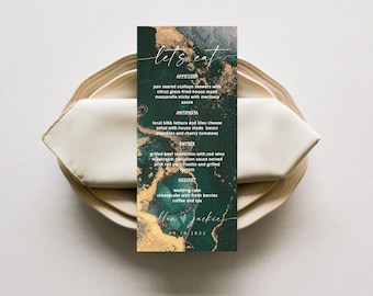 Emerald Watercolor Menu Template, Printable Hunter Green & Gold Wedding Table Menu, Editable Modern Dinner Menus, Instant Download Menu
