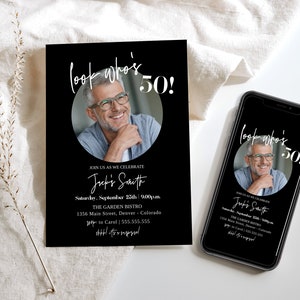 Invitación de cumpleaños para hombres, Invitación de cumpleaños para hombres editable, Invitación de cumpleaños para adultos elegante, 50ª invitación con foto, CUALQUIER EDAD, 40ª
