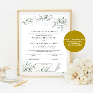 Certificado de matrimonio Greenery, Certificado de matrimonio floral, Recuerdo de boda Greenery, Certificado de matrimonio moderno, Decoración de bodas Greenery