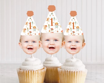 Adornos personalizados para cupcakes de hadas, decoraciones de cumpleaños de hadas, adornos mágicos para cupcakes de hadas, tema de primer cumpleaños de hadas, adorno para cupcakes con cara