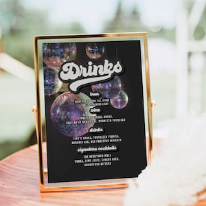 Modèle de menu de bar disco, menu de bar d'anniversaire groovy, décoration d'anniversaire disco rétro, bar disco entre célibataires rétro, enseigne de boissons de mariage groovy