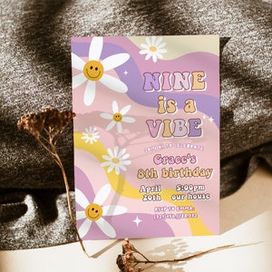 Editable Nine Is A Vibe Groovy Birthday Party Invitation Peace Love Party Rainbow Party Hippie Groovy 70s 9th Birthday Instant Download