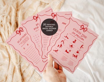 Pink Bow Bridal Shower Games Bundle, Pink Red Hens Party Game Bundle, Fun Bridal Shower Games, Bridal Bingo Game, Pink Bachelorette Games