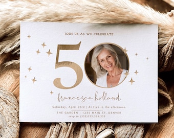 50th Birthday Invitation Women with Photo, Elegant Fifty Birthday Invites, Fifty and Fabulous Party Invitation, Cheers to 50th Party, DIY