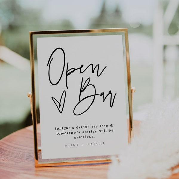 ELLIA | Printable Open Bar Sign, Funny Open Bar Sign Instant Download Template, Wedding Bar Sign, Modern Minimalist Wedding, Alcohol Drink