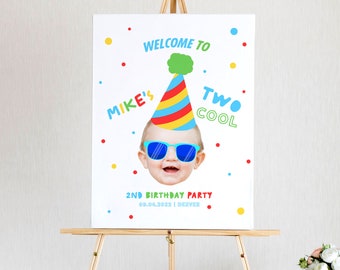 Two Cool Birthday Welcome Sign, 2nd Birthday Welcome Sign Photo, Photo Birthday Welcome Sign Printable, Boy Second Birthday Sign Decorations