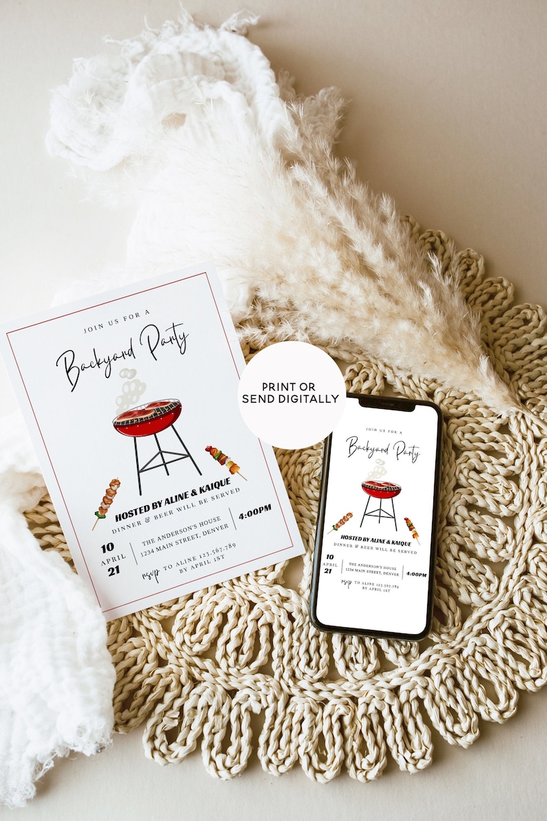 May include: A backyard party invitation with a red and black barbecue grill illustration, skewers, and event details. The invitation is displayed on a white card and a smartphone, with the text "Backyard Party".