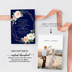 May include: A navy blue wedding invitation featuring a gold geometric frame, floral decorations, and event details. Text includes: "AMANDA SMITH and DANIEL LIVELY, April 15, 2019." Also includes text: "100% EDITABLE!! instant download".