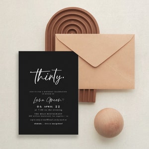 May include: Black and white birthday invitation with the text "Thirty." and "Join us for a birthday celebration in honor of Laha Green" with a heart symbol. The invitation also includes the date "06 April 22" and the time "at 7:00 in the evening". The invitation is for a party at The Milo Restaurant, 880 Willow Boulevard, Los Angeles, CA. RSVP to email@email.com by March 21. The invitation ends with the text "shhhh... it's a surprise!"