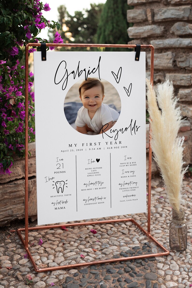 May include: A white poster board with black text and a photo of a baby boy. The poster board is titled "Gabriel Reynolds My First Year" and includes details about the baby's first year, such as weight, height, and favorite things. The poster board is displayed on a copper stand.
