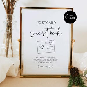 Cartello per il libro degli ospiti a forma di cartolina, Cartello alternativo per il libro degli ospiti di nozze, Libro degli ospiti unico per matrimoni, Modello modificabile per il libro degli ospiti di nozze fai da te