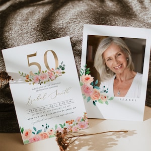 50th Birthday Invitation, Elegant 50th Birthday Invitation, Fifty Birthday, Floral Adult Birthday Invitation, 50 Birthday, Editable, DIY