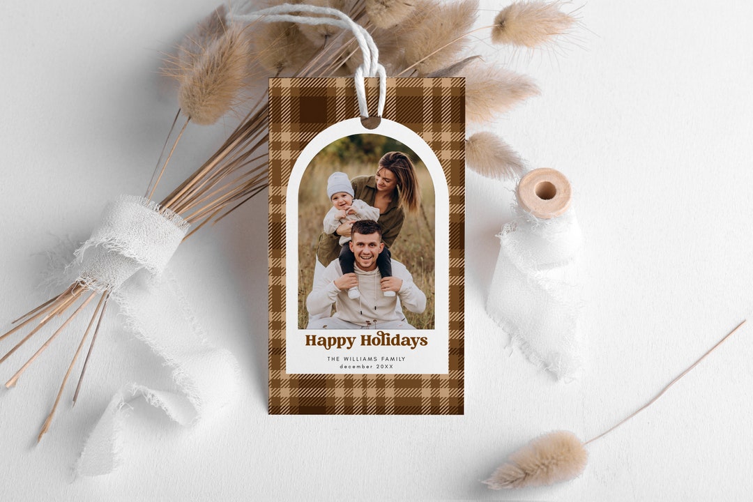 Retro Photo Holiday Gift Tags Template, Editable Boho Christmas Photo ...