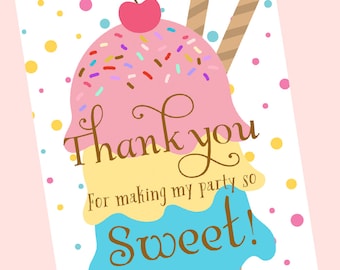 Ice Cream Thank You Card Printable, Ice Cream Birthday Theme, Thank You Card Note, Printable Thank you card - Instant Download