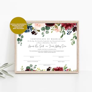 Heiratsurkunde, Heiratsurkunde Vorlage, Hochzeit Andenken, Heiratsurkunde, Boho Burgundy, Blumenhochzeit