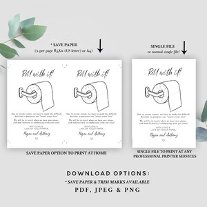 May include: Black and white printable wedding postponement announcement with a toilet paper roll illustration and the text "Roll with it!". Includes text about postponing the event and the names Megan and Anthony.