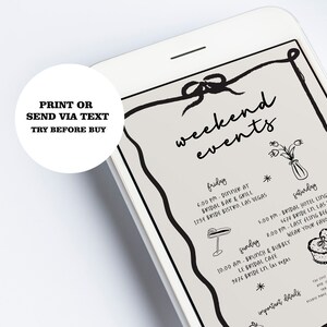 May include: A black and white printable weekend events schedule with a hand-drawn design. The schedule includes a Friday dinner at a bridal bar and grill, a Saturday bridal hotel lingerie shower, and a Sunday brunch and bubbly at a bridal cafe. The text "weekend events" is written in a large, bold font at the top of the schedule.