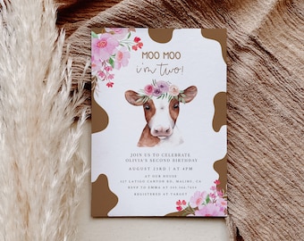 Moo Moo I'm Two Birthday Invitation, Farm Second Birthday Invite Girl, Cow Second Birthday Party Theme, Cow Farm 2nd Birthday Evite DIY