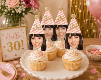 Photo Cupcake Toppers Birthday for her, 30th birthday for her decorations, 30th birthday Cake Topper, Pink Gold Cupcake Toppers Printable
