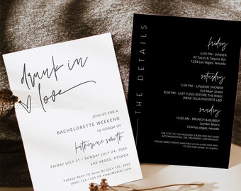 Drunk in Love Bachelorette Invitation & Itinerary Template, Modern Bachelorette Invitation Schedule, Printable Bachelorette Invite DIY Black