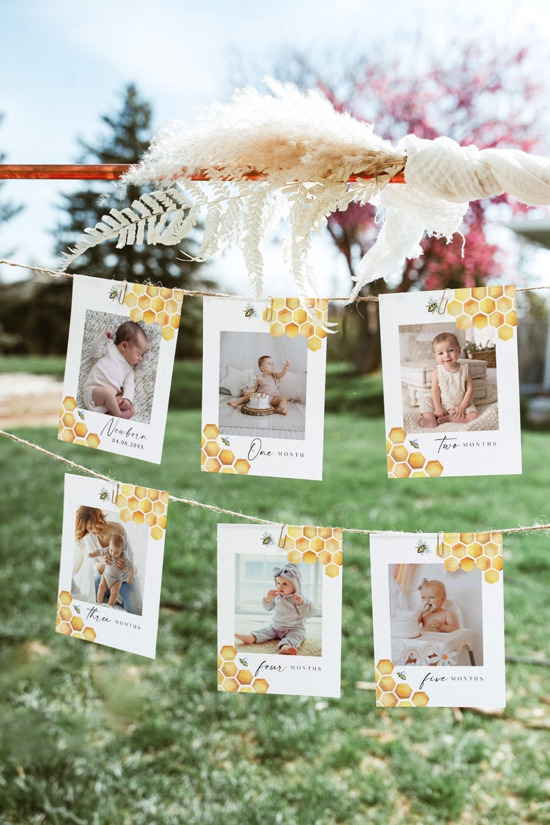 Bee First Birthday Photo Banner, 1st Birthday Photo Banner, Honey Bee Monthly Milestone Photo Cards, Sweet As Can Bee, First Bee Day Party image 1
