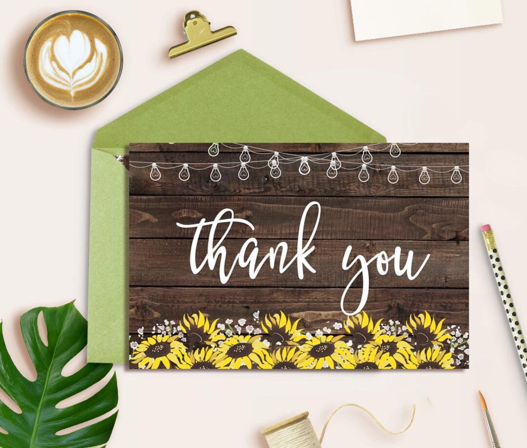 Sunflower Thank You Card, Rustic Thank You Card Printable, Floral Thank ...