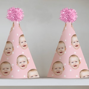 Plantilla de gorro rosa con lunares, gorro de cumpleaños con foto, gorros de fiesta DIY, gorro de fiesta para el primer cumpleaños de niña, decoraciones de cumpleaños boho chic para niña, bricolaje