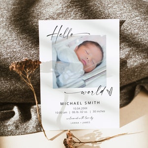 Photo Birth Announcement Template, Minimal Birth Announcement, Modern Newborn Announcement, Baby Birth Announcement, Hello World | MIA