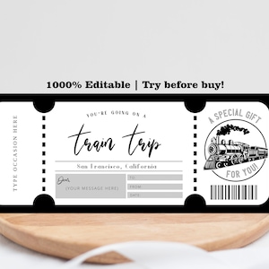 Plantilla de comprobante de boleto de tren, certificado de regalo de viaje imprimible, tarjeta de embarque de tren, plantilla de boleto de tren, boleto de regalo de tren