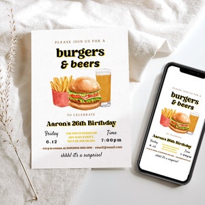 Invitation à une fête de hamburgers et de bières, invitation d’anniversaire pour hommes, invitation d’anniversaire pour adultes, evite mobile d’anniversaire, invitation aux bières, fête des gars