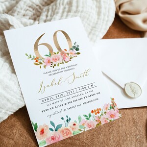 60th Birthday Invitation, Elegant 60th Birthday Invitation, SixtyBirthday, Floral Adult Birthday Invitation, 60 Birthday, Editable, DIY image 2