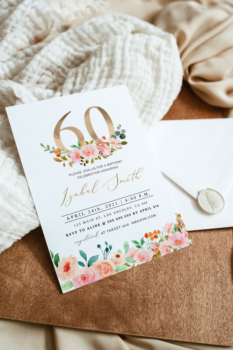 60th Birthday Invitation, Elegant 60th Birthday Invitation, SixtyBirthday, Floral Adult Birthday Invitation, 60 Birthday, Editable, DIY image 2