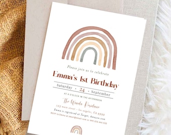 Editable Rainbow Birthday Invitation, Printable Rainbow Birthday Invite, Girls Birthday Invitation Template, Boho Rainbow, Templett