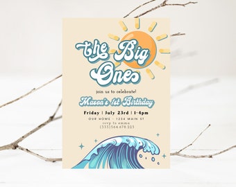 The Big One Birthday Invitation, Surf Boy First Birthday Invite, Wave Birthday Invite, Boy 1st Birthday, Summer Birthday Boy, Evite Text