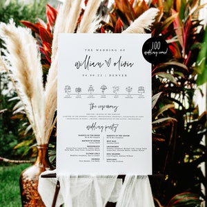 Puede incluir: Un cartel de boda blanco con texto negro e iconos. El cartel enumera los detalles de la ceremonia y la recepción de la boda, incluidos los nombres de los novios, William y Olivia, la fecha, 04.06.22, y la ubicación, Denver. El cartel también incluye una lista de los miembros de la fiesta de bodas.