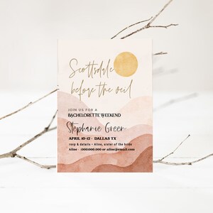 May include: A bachelorette party invitation with a watercolor background of desert hills and a sun. The text reads "Scottsdale before the veil" and "Join us for a bachelorette weekend Stephanie Greer April 10-12 Dallas TX rsvp & details Aline, sister of the bride Aline (000)000.000 or aline@email.com"
