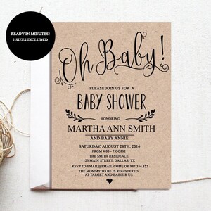 Rustic Baby Shower Invitation, Gender Neutral Baby Shower Invitations, Girl or Boy Baby Shower Invitation, Kraft Paper Invitation