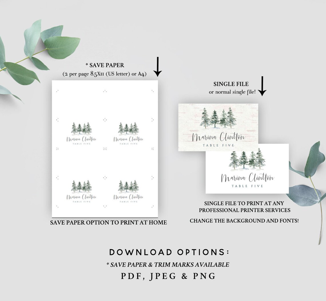 Pine Place Card Template Winter Place Cards Template | Etsy