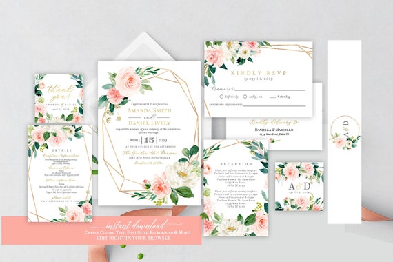 Self-Editing Wedding Invitation Set, Editable Template, Wedding Invitation Suite, Floral Wedding Invitation, INSTANT DOWNLOAD, #01SP