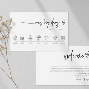Modern Wedding Day Timeline Card Template Minimalist Wedding Itinerary Editable Order of Events Wedding schedule Wedding Icons