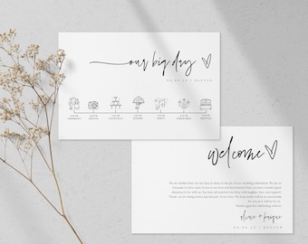 Modern Wedding Day Timeline Card Template Minimalist Wedding Itinerary Editable Order of Events Wedding schedule Wedding Icons