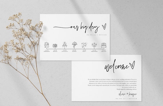 Modern Wedding Day Timeline Card Template Minimalist Wedding Itinerary Editable Order of Events Wedding schedule Wedding Icons