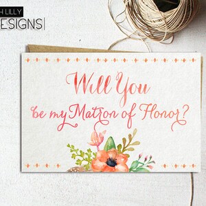 Matron of Honor Proposal, Will you be my matron of honor Card, Floral Proposal Card, Floral matron of honor Card