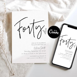 40th birthday invitation template, forty party invite Canva, any age adult birthday invitation editable elegant modern evite forty fabulous