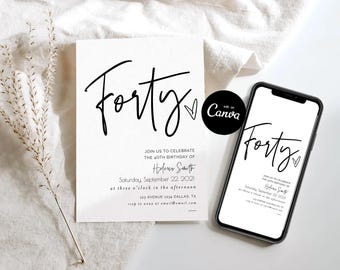 40th birthday invitation template, forty party invite Canva, any age adult birthday invitation editable elegant modern evite forty fabulous