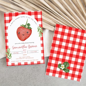 Strawberry Baby Shower Invitation Bundle, Red Strawberry Baby Shower Invite, Berry Sweet Baby Shower Invitation Template