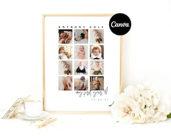 May include: A framed photo collage featuring twelve baby photos arranged in a grid. The top of the frame reads "ANTHONY COLE." Below the photos is the text "my first year" and the date "25.04.21." A black circle with the word "Canva" is in the upper right corner.