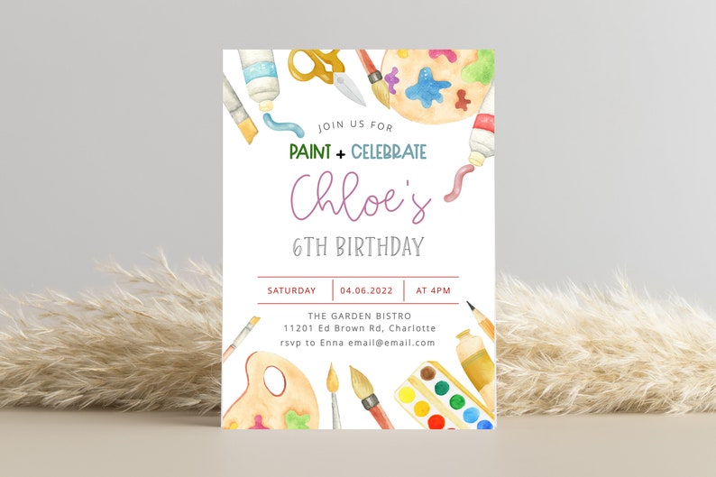 Painting Birthday Invitation Template, Art Birthday Invite, Painting Birthday Party Girl, Editable DIY Invitation, Instant Download Canva image 2
